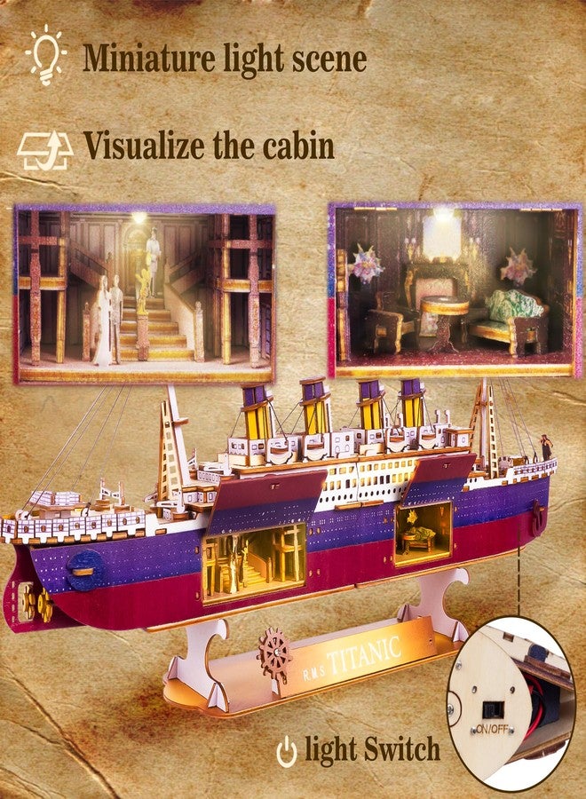 Vziimo Titanic 3D Puzzles for Adults, LED Titanic Metal Ship Model Building Kits for Home Desk Decor, 368 Pcs Wooden DIY Arts and Crafts Collection Gifts for Couples Women Teens 14 + - Image 3